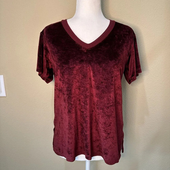MICHAEL STARS Maroon Velvet or Velour V Neck T Shirt Top - size small - Picture 2 of 7